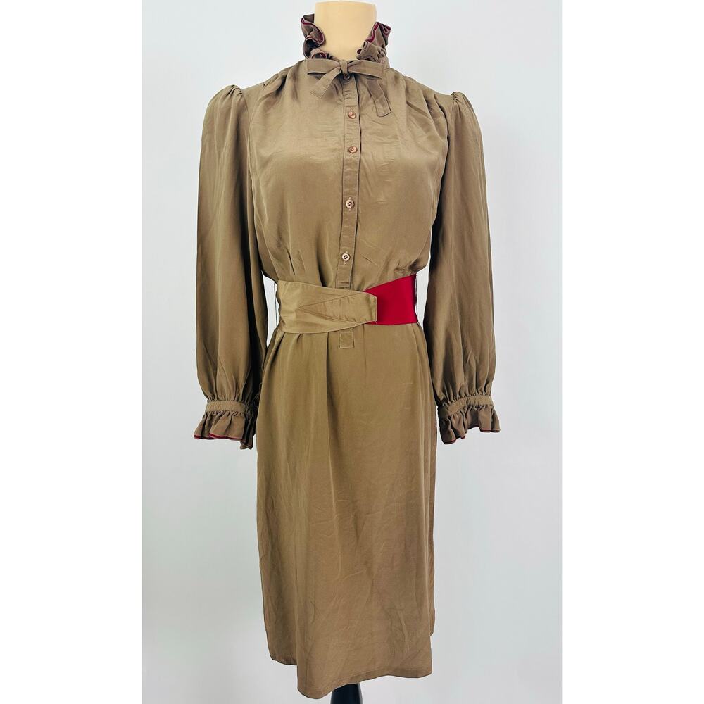 VTG 70s Neiman Marcus Francesca of Damon Brown Silk Dress Ruffle Secretary 8 Med
